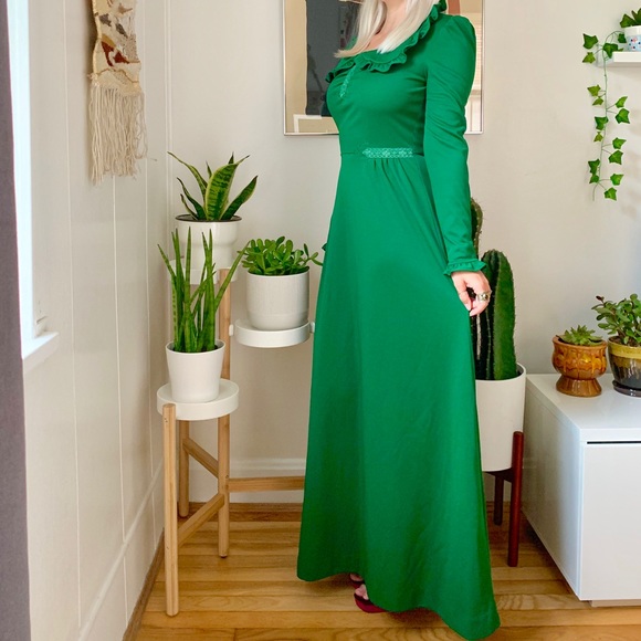 Vintage 70s forest green Victorian maxi dress XS-S - Picture 2 of 7